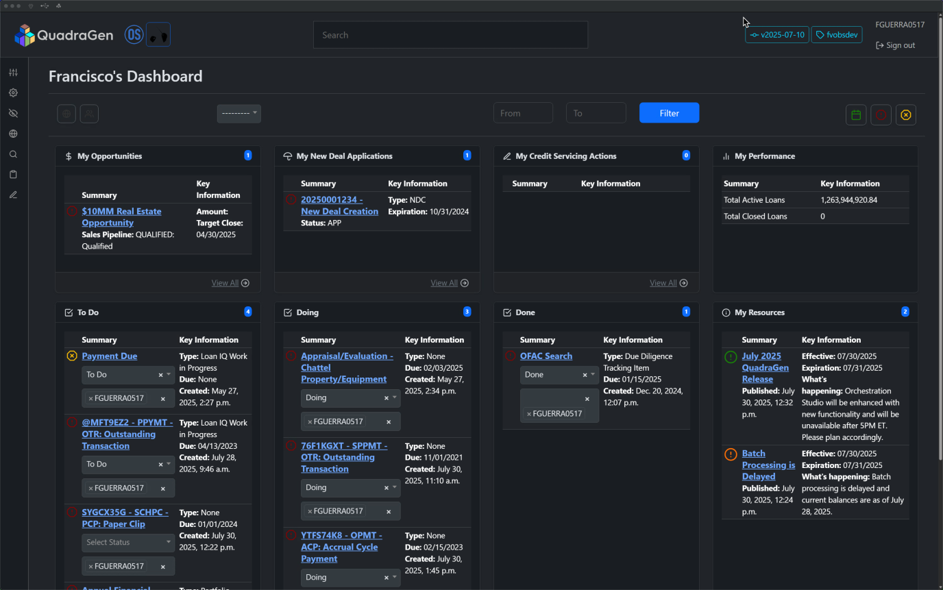 Orchestration Studio dashboard showing consolidated opportunities, deal applications, credit servicing actions, and performance metrics across connected systems.